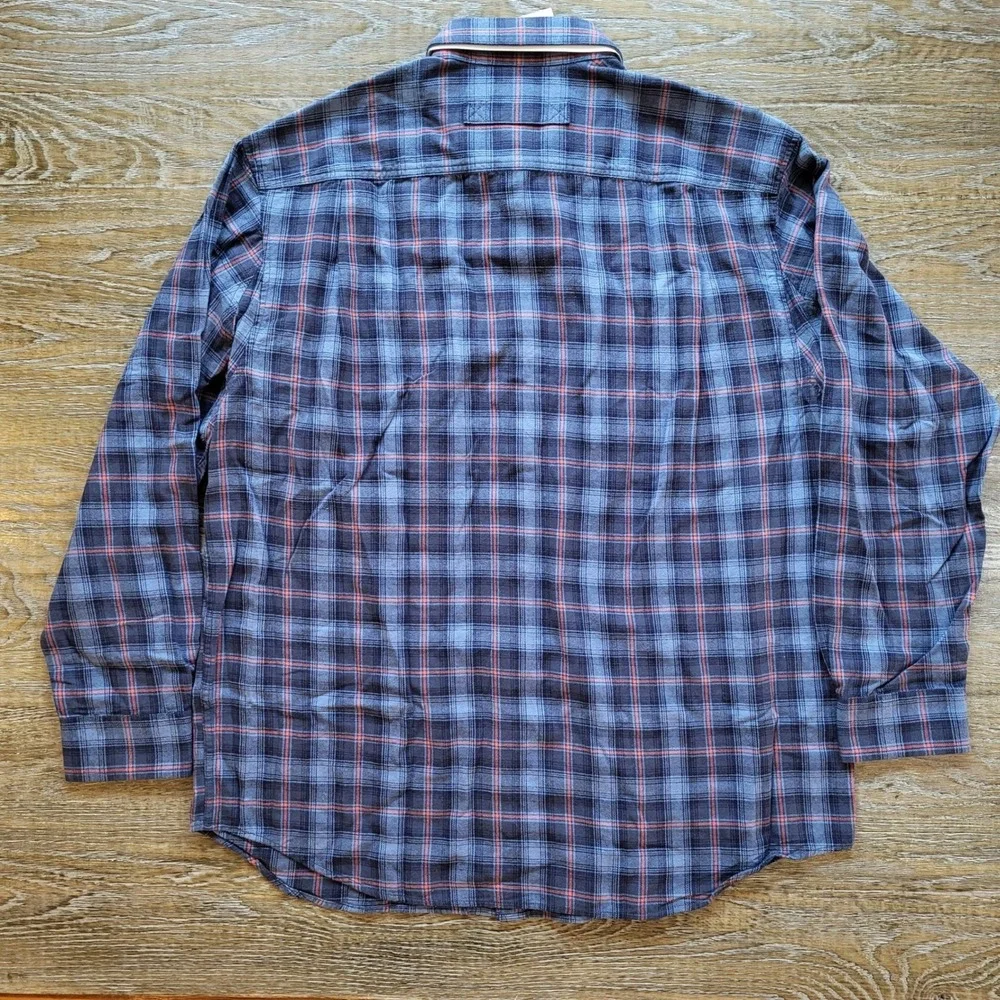 NWT Duluth Trading Co Mens Free Swingin Flannel Blue Orange Plaid L 52007 IKD